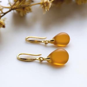Ochre Yellow Teardrop Earrings, Czech Glass Gold Hook Earrings, Minimalist Drop Earrings, Mustard Yellow Dangle Earrings, Gift for Her