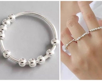 Sterling Silver Beaded Ring | Fidget Ring, Anxiety Worry Ring, Sterling Silver Spinner Ring, Dainty Stacking Ring, Minimalist Silver Ring