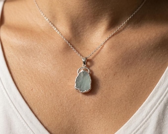 Natural Raw Aquamarine Pendant Necklace, March Birthday Pisces Gift, Light Blue Gemstone Necklace, Boho Gold Silver Dipped Crystal Jewelry