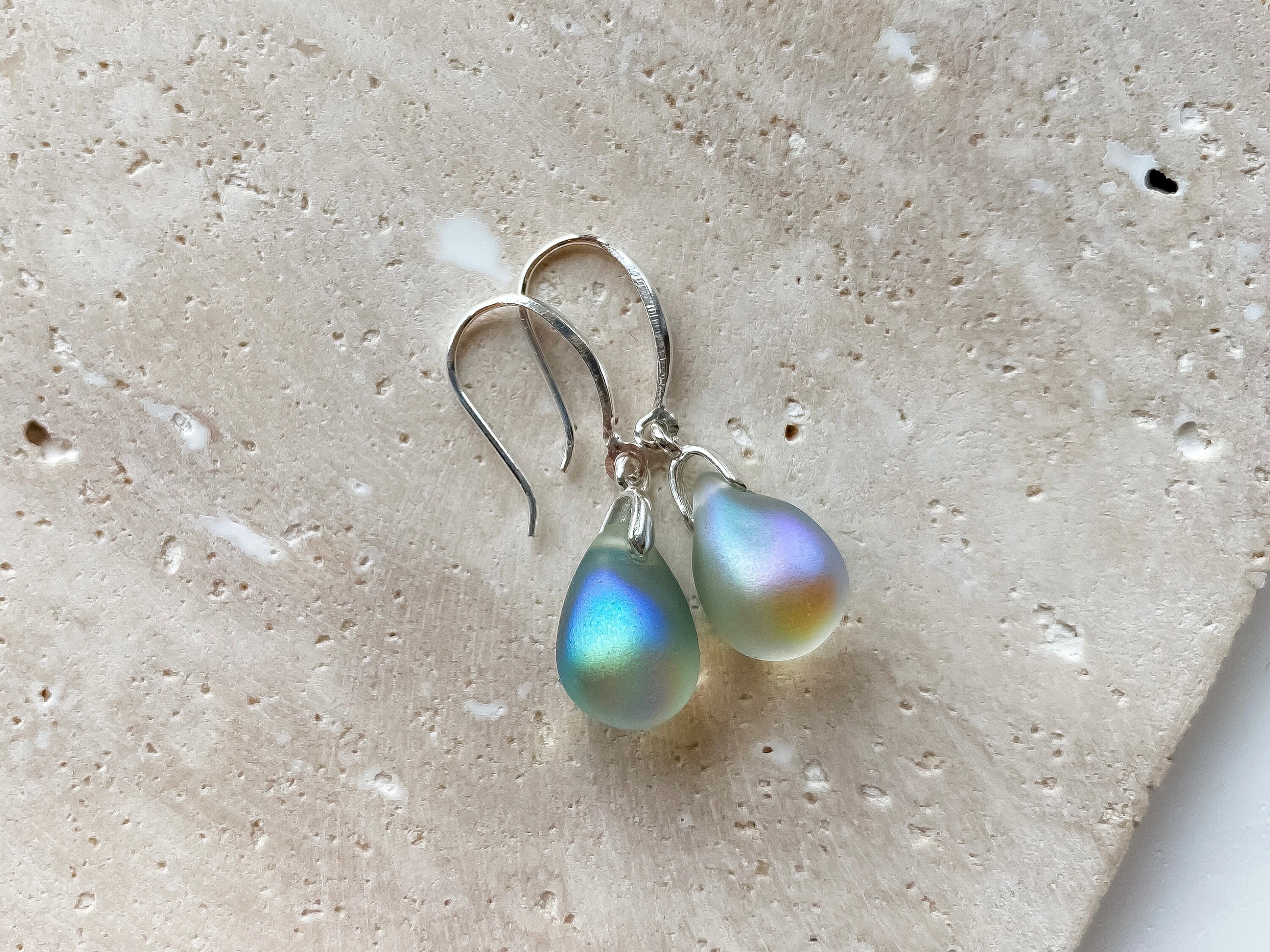 Iridescent Glass Gold Teardrop Earrings, Green Czech Glass Silver Hook Earrings, Dainty Everyday Earrings, Mother’s Day Gift, Spring Fashion