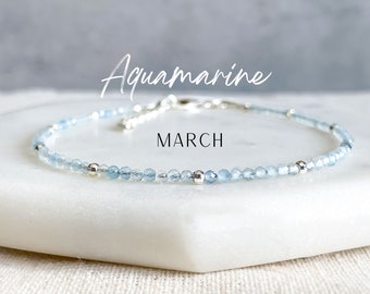 MARCH | Genuine Aquamarine Birthstone Stacking Bracelet - Sterling Silver or 14K Gold Fill, March Birthday Gift, March Birthstone Bracelet