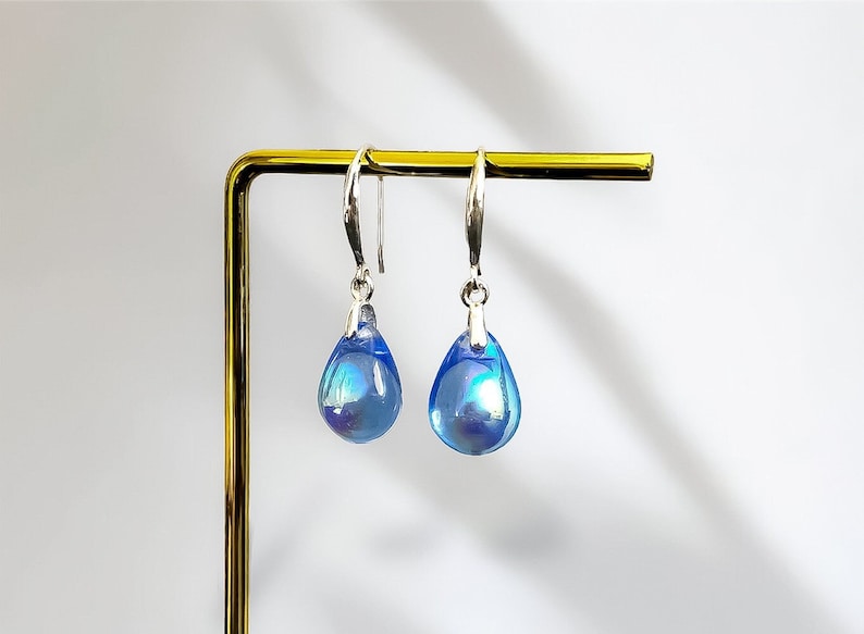 Blue Aurora Borealis Teardrop Earrings Gloss, Sterling Silver Czech Glass Earrings, Blue Drop Earrings, Tear Drop Hook Dangle Earrings image 3