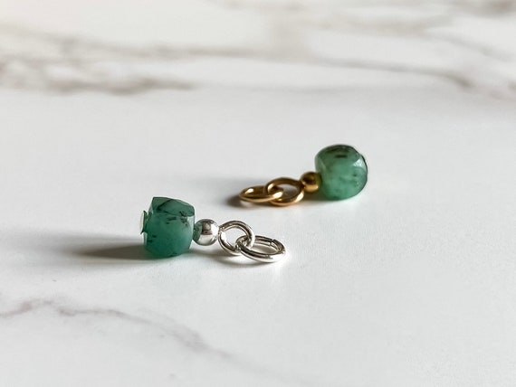 Genuine Emerald Charm (Cube) | May Birthstone Charm, 55th Anniversary Gift, Dangle Charm - Natural Gemstone, Sterling Silver 14k Gold Fill