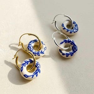 Blue White Floral Porcelain Earrings, Gold Hoop Delft Ceramic Dainty Earrings, Cobalt Willow Chinoiserie Silver Dangle Earrings, Handmade