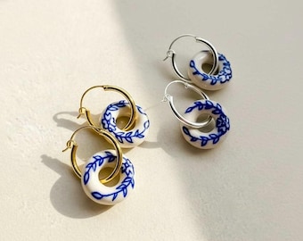 Blue White Floral Porcelain Earrings, Gold Hoop Delft Ceramic Dainty Earrings, Cobalt Willow Chinoiserie Silver Dangle Earrings, Handmade