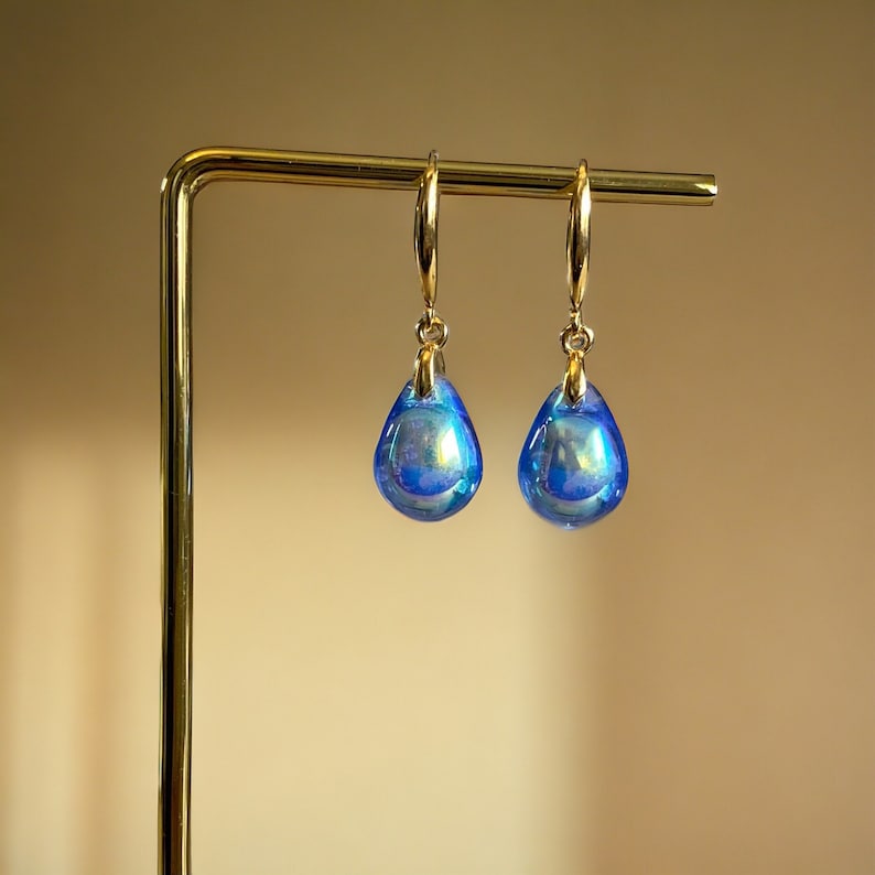 Blue Aurora Borealis Teardrop Earrings Gloss, Sterling Silver Czech Glass Earrings, Blue Drop Earrings, Tear Drop Hook Dangle Earrings image 1