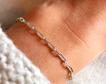 Sterling Silver Fine Paperclip Bracelet, Genuine 925 Silver Chain, Long Link Rectangle Chain Bracelet, Minimalist Stacking Jewelry, Dainty