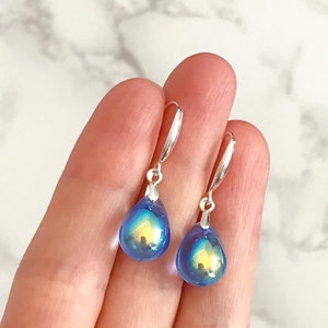 Blue Aurora Borealis Teardrop Earrings Gloss, Sterling Silver Czech Glass Earrings, Blue Drop Earrings, Tear Drop Hook Dangle Earrings image 6