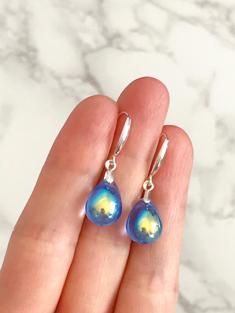 Blue Aurora Borealis Teardrop Earrings Gloss, Sterling Silver Czech Glass Earrings, Blue Drop Earrings, Tear Drop Hook Dangle Earrings image 6