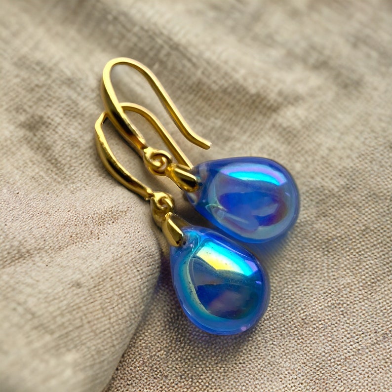 Blue Aurora Borealis Teardrop Earrings Gloss, Sterling Silver Czech Glass Earrings, Blue Drop Earrings, Tear Drop Hook Dangle Earrings image 2