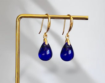 Cobalt Blue Teardrop Earrings, Royal Blue Czech Glass Earrings, Gold Drop Earrings, Tear Drop Hook Earrings, Everyday Minimalist Earrings