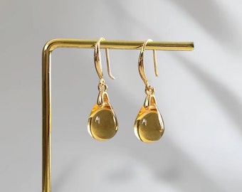 Citrine Yellow Teardrop Earrings | Czech Glass Earrings, Gold Drop Earrings, Dangle Earrings, Everyday Minimal Earrings, Gifts for Her