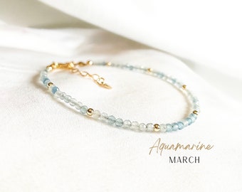 MARCH | Genuine Aquamarine Birthstone Stacking Bracelet - Sterling Silver or 14K Gold Fill, March Birthday Gift, March Birthstone Bracelet