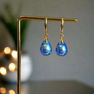 Blue Aurora Borealis Teardrop Earrings Gloss, Sterling Silver Czech Glass Earrings, Blue Drop Earrings, Tear Drop Hook Dangle Earrings image 8