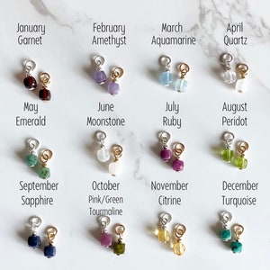 May include: Twelve small gemstone charms, each representing a different month of the year. The charms are arranged in four rows of three, with the month and gemstone name listed above each charm.