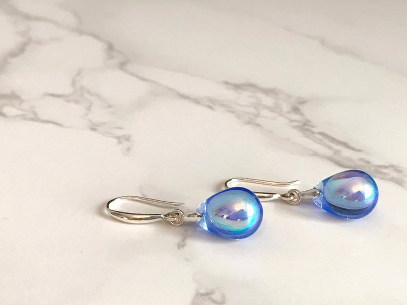 Blue Aurora Borealis Teardrop Earrings Gloss, Sterling Silver Czech Glass Earrings, Blue Drop Earrings, Tear Drop Hook Dangle Earrings image 5