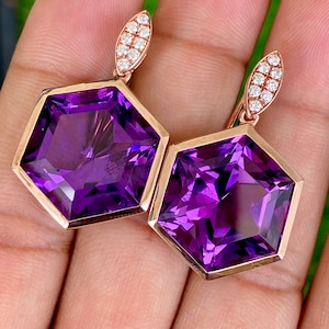 Amethyst Dangle Earrings, Gold and Amethyst Earrings, Amethyst and Diamond Earring, February Birthstone
