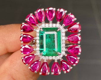 200% Natural Emerald & Ruby Ring. 3.06CTS Emerald with genuine pave Diamonds. Engagement, Wedding, Birthday or a gift to yourself.