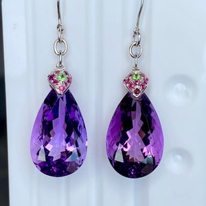 Elegant Amethyst & Ruby Drop Earrings in 18k white Gold