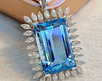 Heirloom! Unheated 30.35tcw Santa Maria Blue Aquamarine & VVS Diamond Pendant 18K White Gold Large Cocktail Statement Art Deco