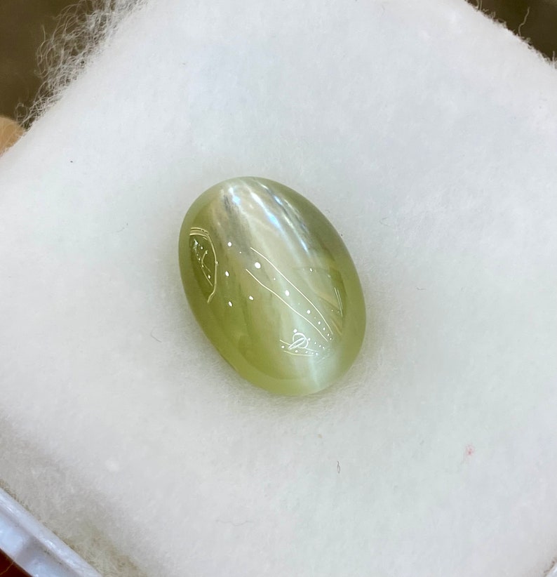 May include: A light green oval-shaped gemstone with a chatoyant effect and white markings.