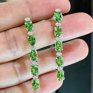 Genuine Tsavorite Garnet & Diamonds earrings set in 18k gold. Unheated stone. Exclusive design