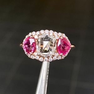 Gorgeous Natural 1.48CTS Diamond & Unheated 1.72CTS Blood Red Ruby Rose Gold Ring. Three Stone Engagement Statement