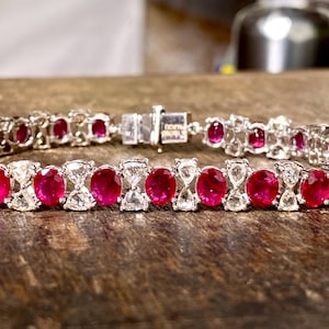Iconic Ruby & Diamonds Bracelet in 18k solid white gold. Natural Ruby, Diamonds. Pigeon blood ruby bracelet.   Natural Ruby jewelry.