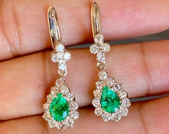 Stunning 2.83 Ctw Emerald & VVS Diamond Drop Earrings 18K White Gold pear Emerald clip Back Art Deco