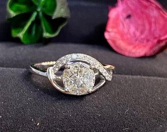 18K White Gold Diamond Halo Engagement Ring, Crisscross Twist Band