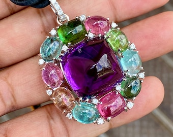 Tutti-Frutti! Natural Amethyst & Tourmaline Pendant with natural diamond set in 18k white gold. sugarloaf Amethyst, multi color tourmaline.