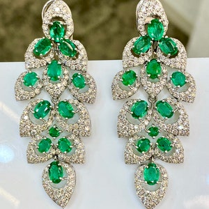 Spectacular Emerald & Diamond earrings 18k white gold dangle designer earrIngs.