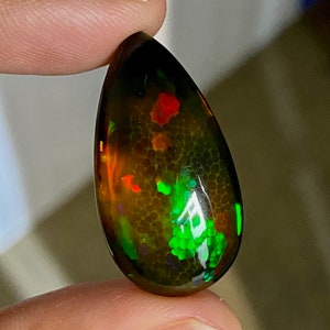 Eld! 21,85 CTS Svart honeycomb-opal från Etiopien. Gulgrön dominerad sten, ren färgnyans med massor av eld. bild 6