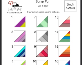 Puede incluir: Un gráfico con 18 patrones de bloques de colcha diferentes de 7,6 cm. Cada bloque es un triángulo de medio cuadrado (HST) con una combinación de colores diferente. El gráfico se titula "Scrap Fun Vol. 1: HST" e incluye el texto "Patrones de acolchado de papel de base."