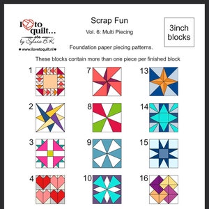 Op de afbeelding: Een afdrukbaar patroonblad voor 16 verschillende quiltblokken, elk met een afmeting van 3 inch. De blokken zijn opgebouwd uit meerdere stukken en hebben een verscheidenheid aan kleuren en geometrische vormen. De titel van het blad is "Scrap Fun Vol. 6: Multi Piecing".