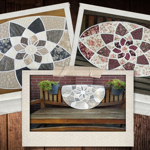 Pode incluir: Três toalhas de mesa ovais com um padrão floral. As toalhas de mesa são em tons de marrom, bege e rosa. As toalhas de mesa são exibidas em um banco de madeira e em duas molduras.