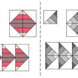 Puede incluir: Una gu&iacute;a visual para hacer un bloque de colcha con un patr&oacute;n de diamante. El bloque est&aacute; formado por cuatro tri&aacute;ngulos, cada uno con un color diferente: verde, rosa, gris y morado. Los tri&aacute;ngulos est&aacute;n dispuestos en forma de diamante, con las puntas de los tri&aacute;ngulos hacia adentro. El bloque se repite luego para crear una colcha m&aacute;s grande.