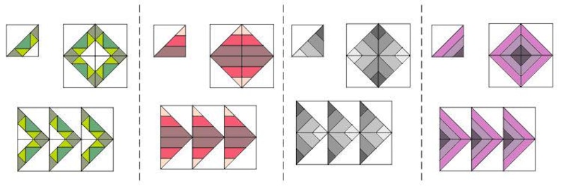 Puede incluir: Una gu&iacute;a visual para hacer un bloque de colcha con un patr&oacute;n de diamante. El bloque est&aacute; formado por cuatro tri&aacute;ngulos, cada uno con un color diferente: verde, rosa, gris y morado. Los tri&aacute;ngulos est&aacute;n dispuestos en forma de diamante, con las puntas de los tri&aacute;ngulos hacia adentro. El bloque se repite luego para crear una colcha m&aacute;s grande.
