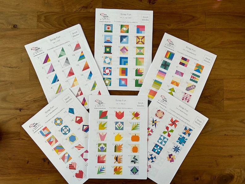 Puede incluir: Seis hojas de papel con patrones de acolchado de papel de base para bloques de colcha. Cada hoja tiene el t&iacute;tulo "Scrap Fun" y un n&uacute;mero de volumen. Los patrones est&aacute;n numerados del 1 al 18 y presentan una variedad de formas geom&eacute;tricas y dise&ntilde;os.