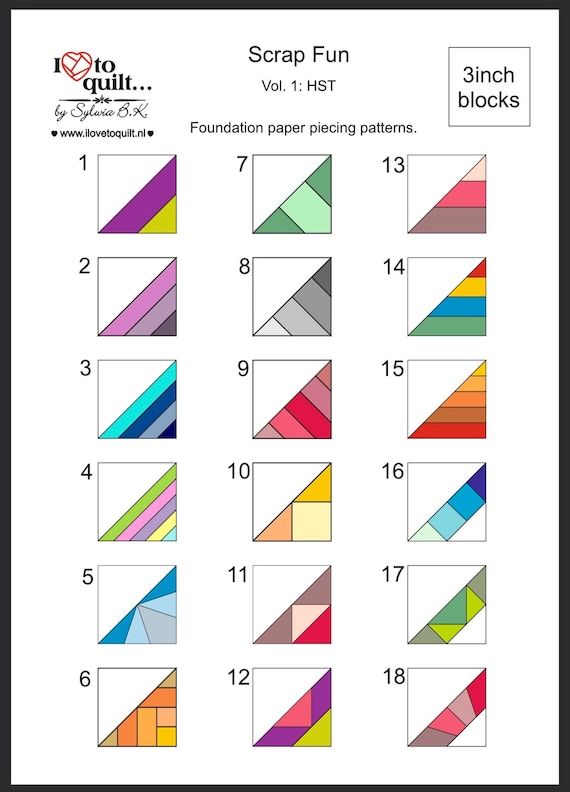 Scrap Fun 3 inch Vol.1 HST: 18 Foundation Paper piecing patterns of 3inch blocks