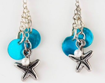 Starfish and Shell Layered Earrings | Silver Starfish and Blue Shell Earrings | Ocean Earrings | Starfish Earrings | Layered Dangle Earrings