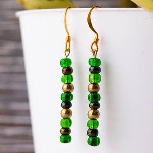 Green and Gold Seed Bead Dangle Earrings