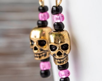 Black Pink and Gold Skull Earrings | Skull Earrings | Punk Skull Earrings | Gold Skull Earrings | Halloween Earrings | Pirate Earrings