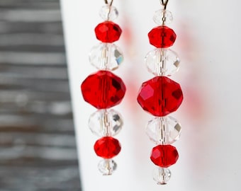 Ruby Red and Clear Beaded Earrings | Red and Clear Glass Beaded Earrings | Valentine’s Day Red Earrings | Candy Cane Earrings