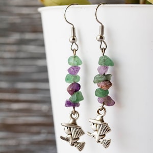 Amethyst and Aventurine Witch Earrings | Halloween Witch Earrings | Purple and Green Witch Earrings