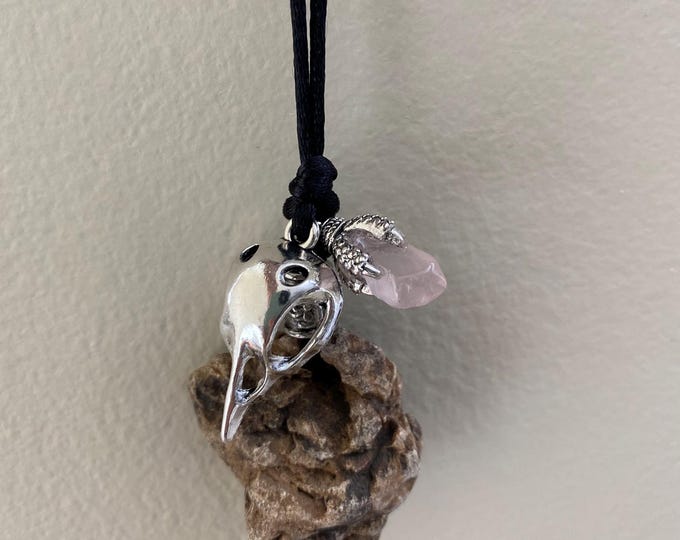 Hag Stone Raven Necklace With Claw Rose Quartz Protection Amulet - Etsy