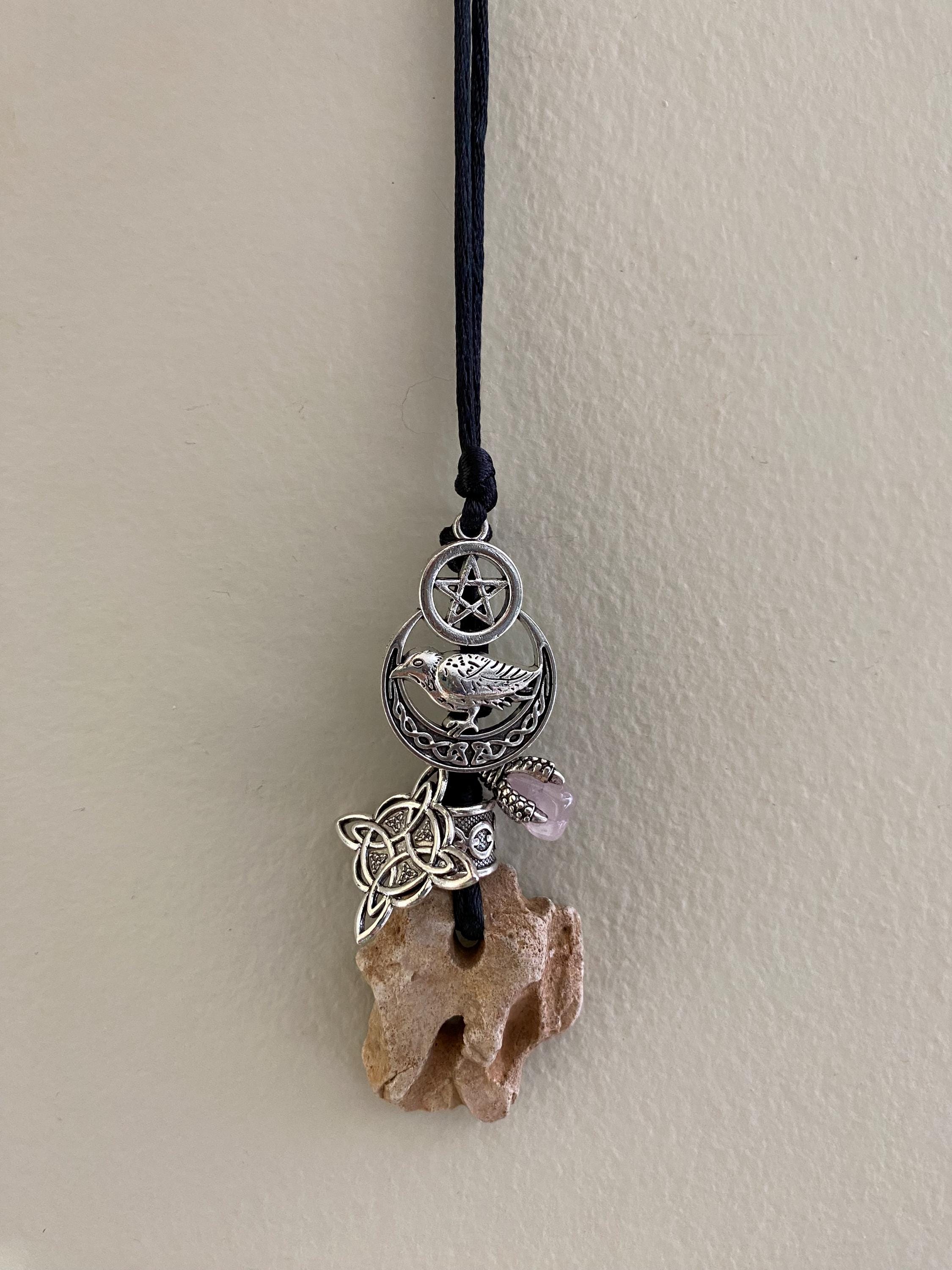 Hag Stone Raven Pentacle Necklace Witch Knot Rose Quartz Crystal Love ...