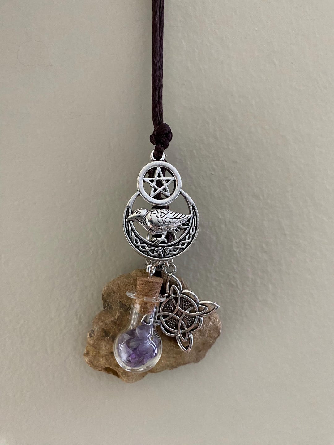 Hag Stone Witch Knot Raven Pentacle Necklace Vial of Amethyst ...