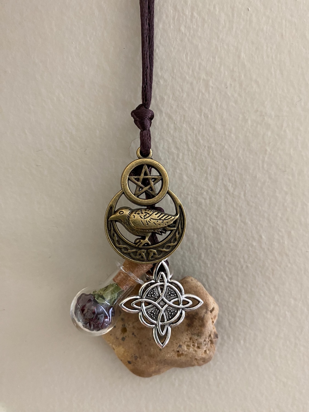 Hag Stone Necklace, Raven Pentacle, Witch Knot, Garnet Vial, Protection ...