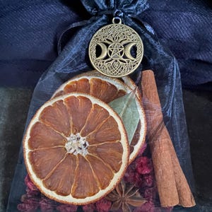 May include: A black sheer drawstring pouch containing dried orange slices, cinnamon sticks, a star anise, and small red berries. A circular bronze-toned metal pendant featuring a tree, a pentagram, and crescent moons hangs from the drawstring.